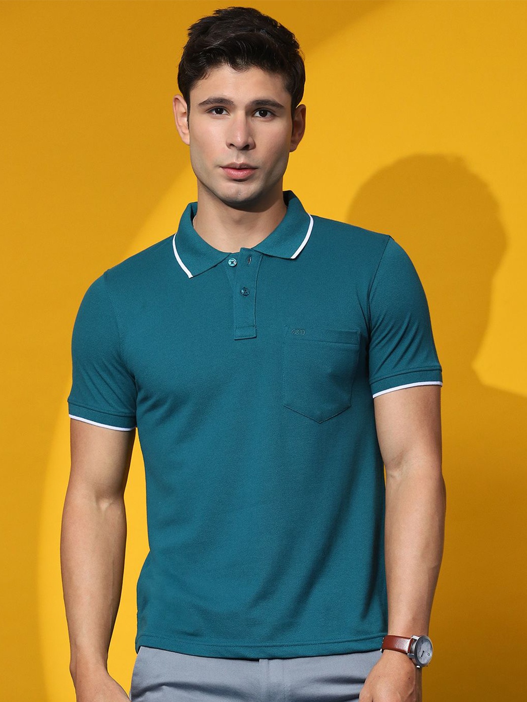 

Cloak & Decker by Monte Carlo Men Solid Polo Collar Pockets T-shirt, Teal