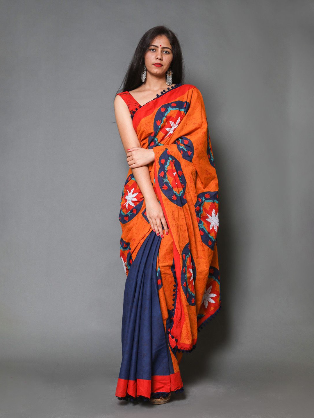 

JAIPURI PRINT Floral Pure Cotton Block Print Saree, Orange