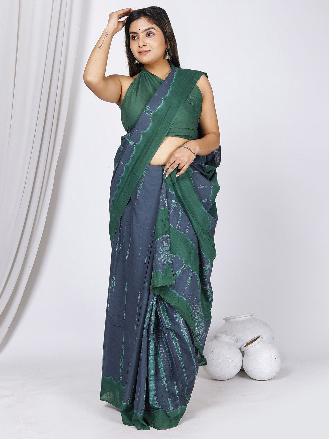 

JAIPURI PRINT Tie and Dye Pure Cotton Saree, Green