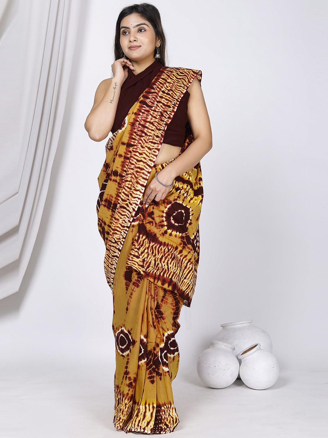 

JAIPURI PRINT Tie and Dye Pure Cotton Saree, Brown