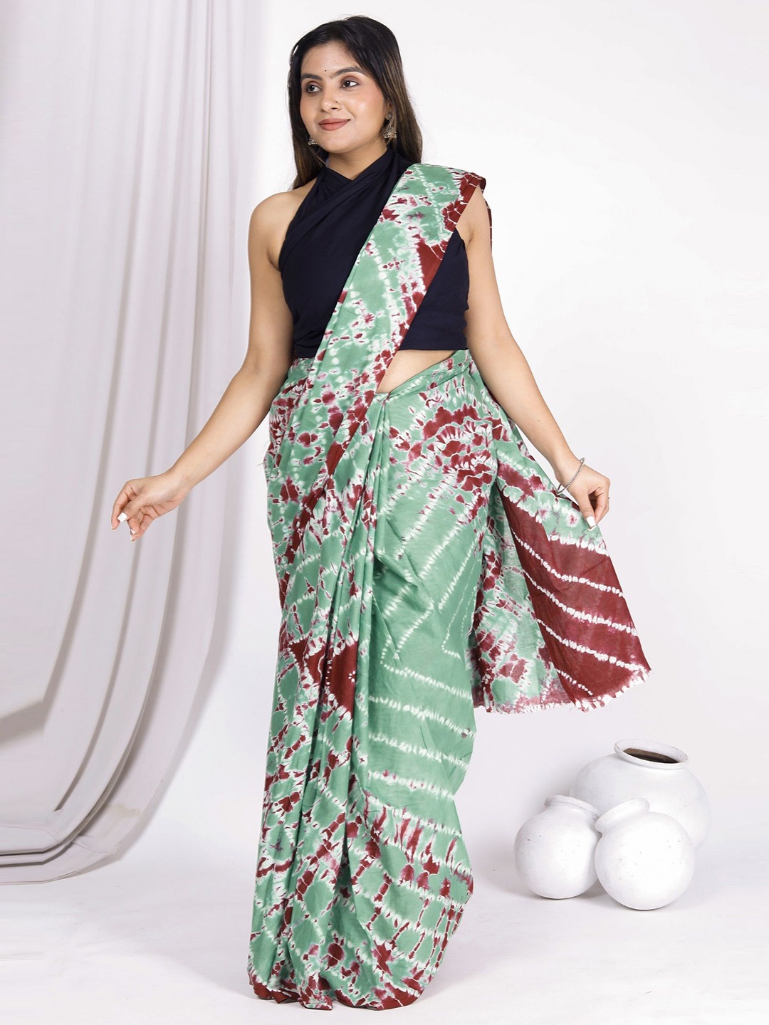 

JAIPURI PRINT Tie and Dye Pure Cotton Saree, Green