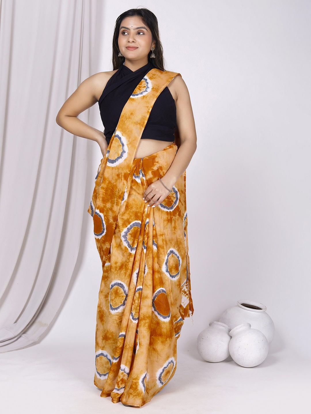 

JAIPURI PRINT Tie and Dye Pure Cotton Saree, Orange