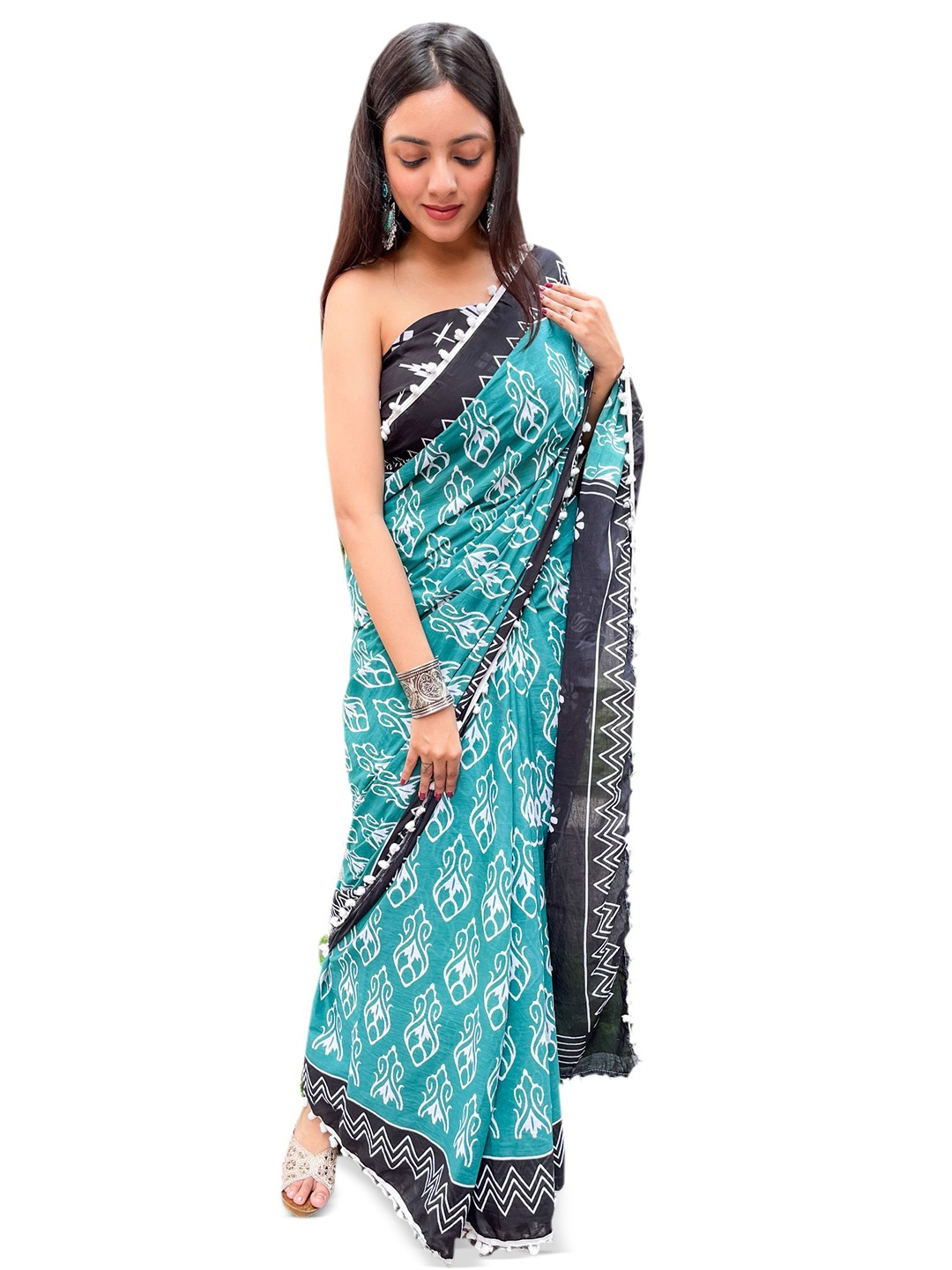 

JAIPURI PRINT Ethnic Motifs Pure Cotton Block Print Saree, Turquoise blue