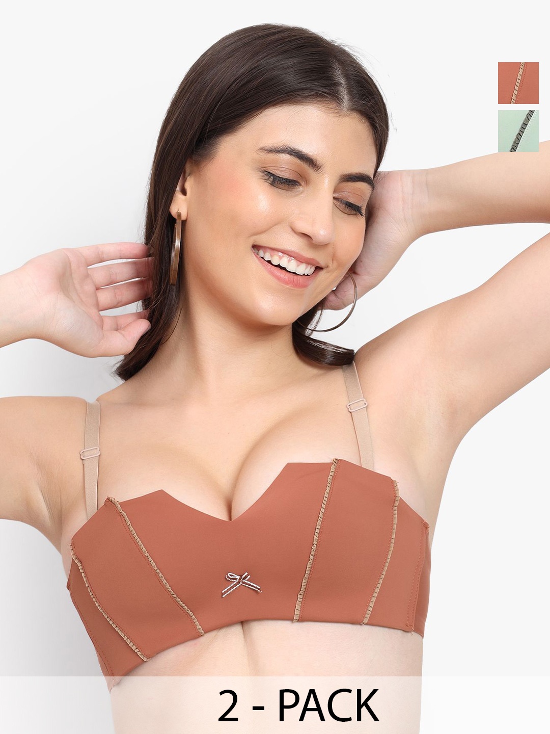 

PARKHA Pack Of 2 Colourblocked Medium Coverage Heavily Padded Push Up Bra Side Bone, Green