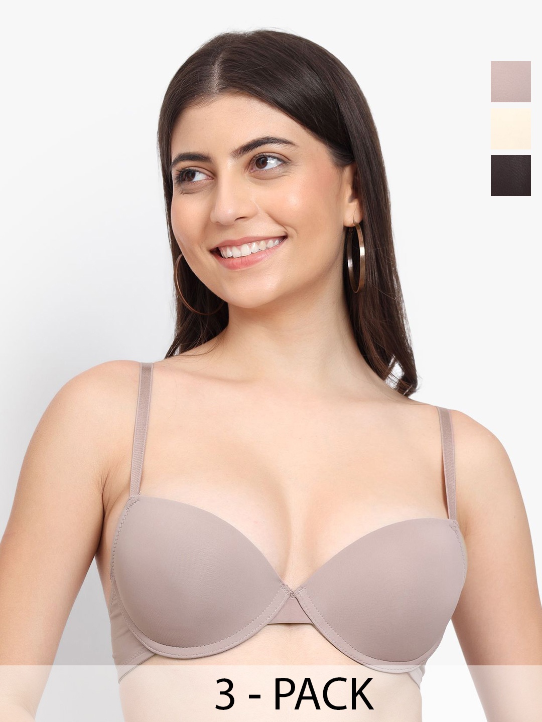 

PARKHA Pack Of 3 Medium Coverage Underwired Heavily Padded T-shirt Bra All Day Comfort, Beige