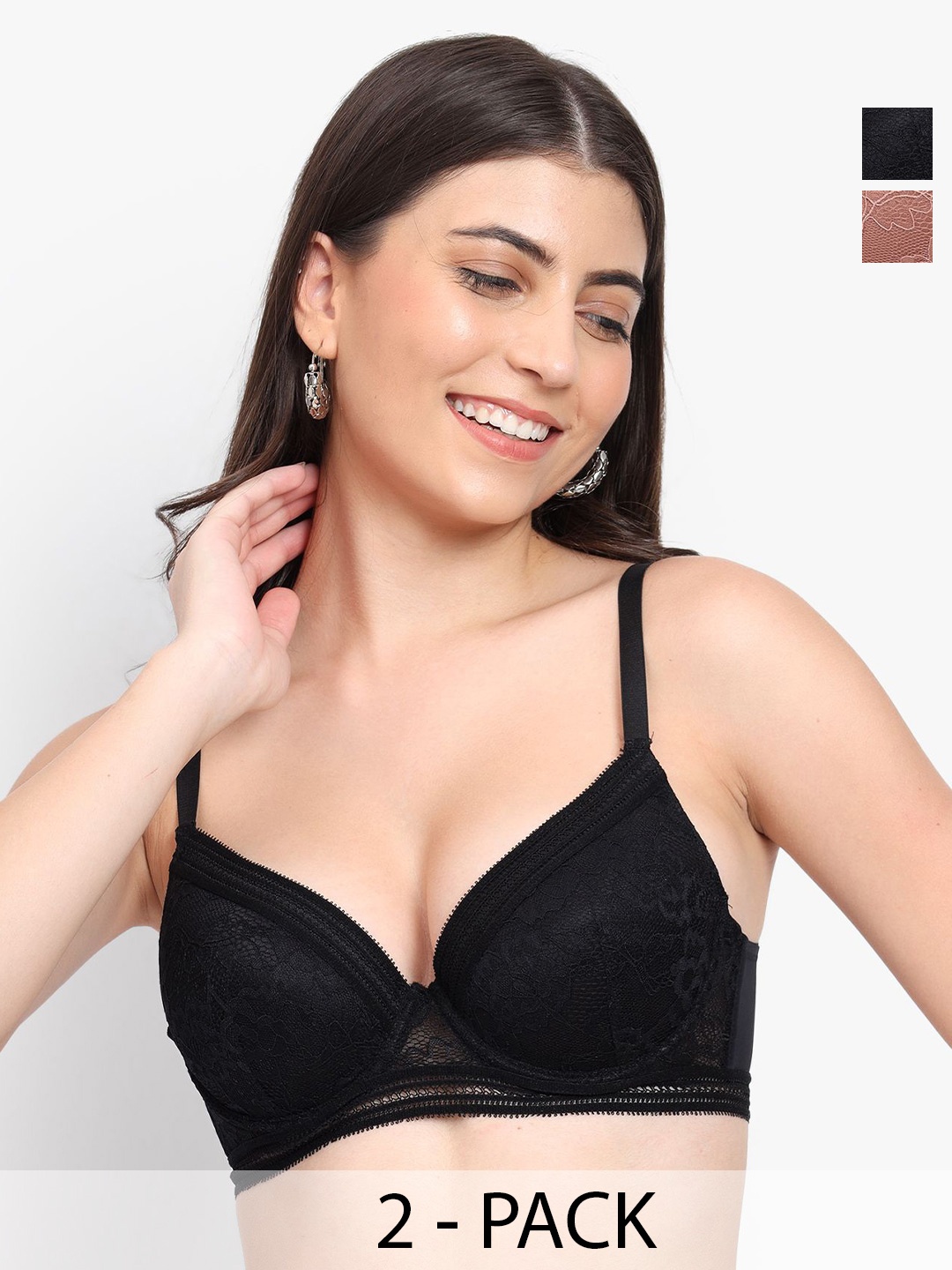 

PARKHA Pack Of 2 Floral Lace Full Coverage Heavily Padded T-shirt Bra- All Day Comfort, Black