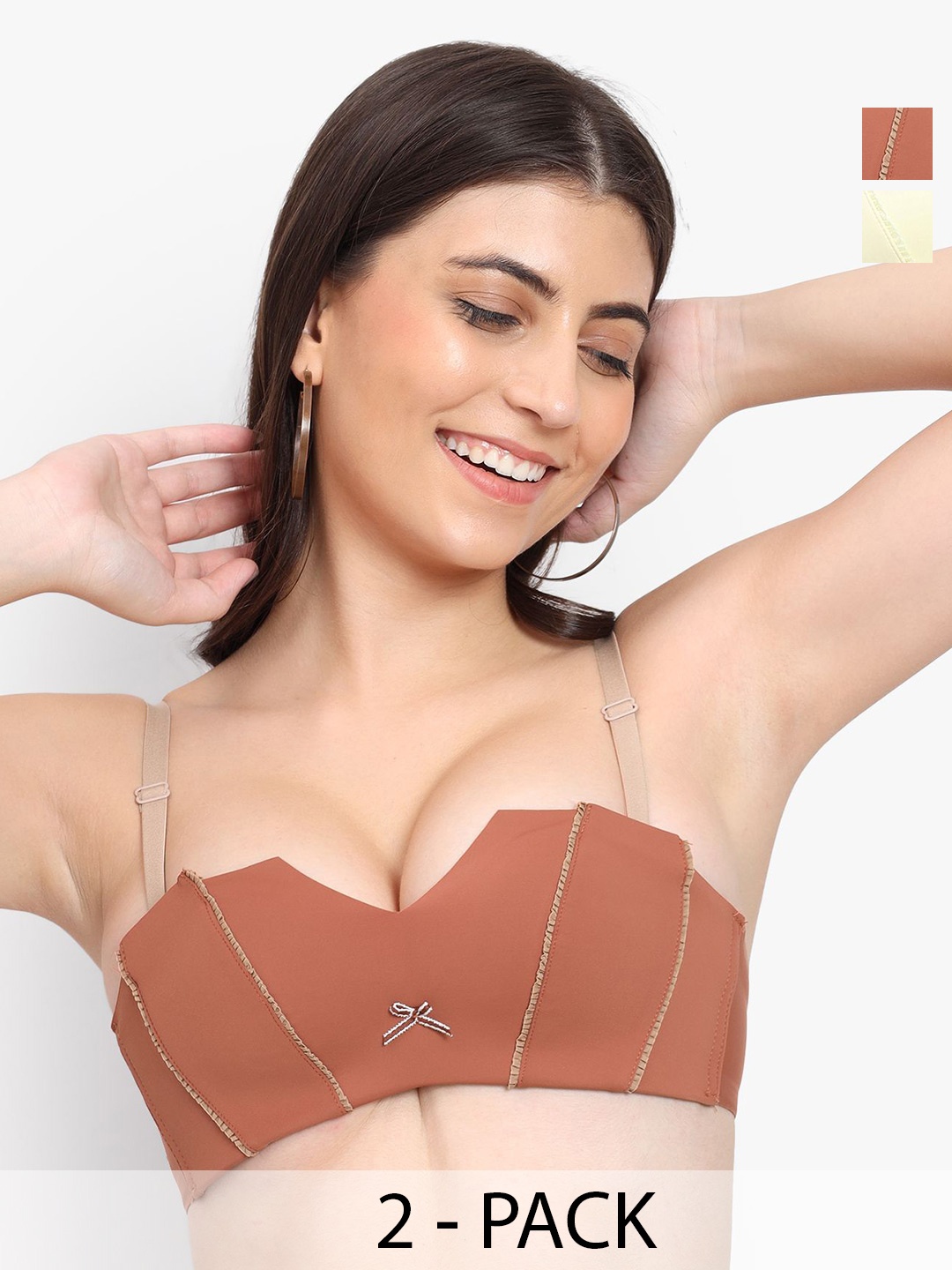 

PARKHA Pack Of 2 Medium Coverage Heavily Padded Push-Up Bra- Side Bone, Brown