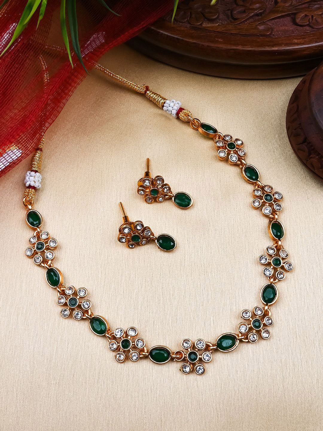 

StileAdda Gold-Plated Stones Studded Flower Jewellery Set