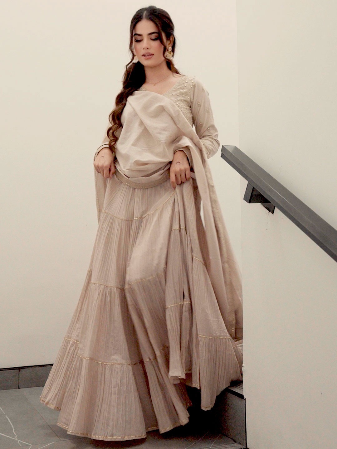 

Libas Art Embroidered Empire Mukaish Anarkali Kurta with Trousers & Dupatta, Grey