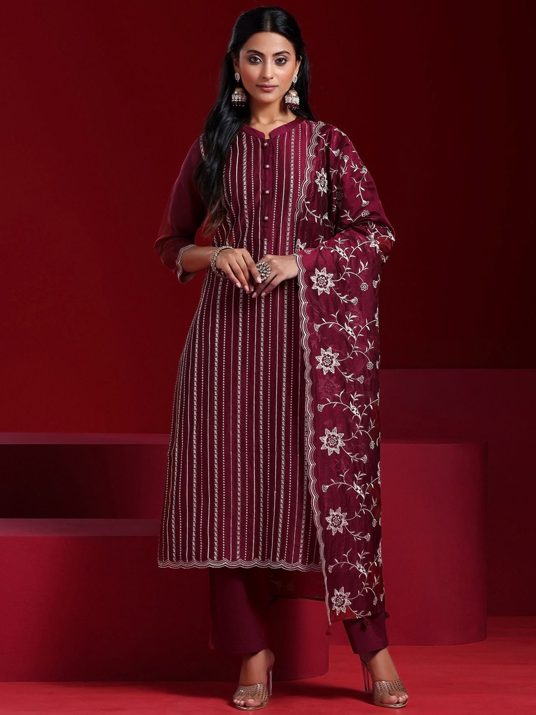 

Libas Art Embroidered Regular Thread Work Chanderi Silk Kurta with Trousers & Dupatta, Maroon