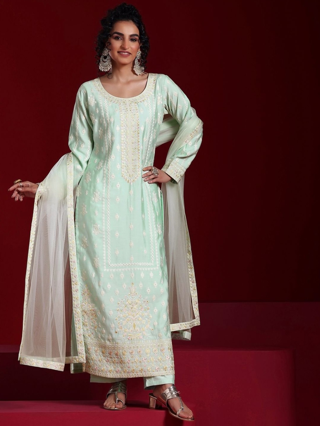 

Libas Art Floral Embroidered Regular Sequinned Kurta with Palazzos & With Dupatta, Sea green