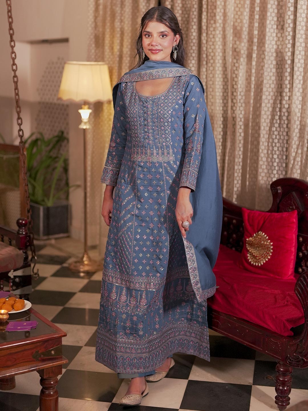 

Libas Art Ethnic Motifs Embroidered Sequinned Anarkali Kurta With Palazzos & Dupatta, Blue