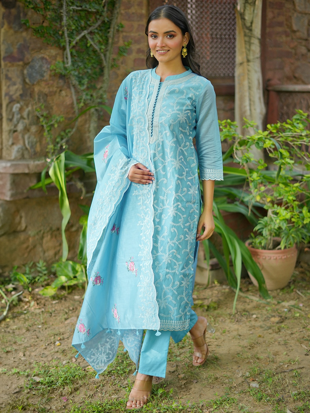 

Libas Art Floral Embroidered Regular Chanderi Silk Straight Kurta With Trousers & Dupatta, Blue