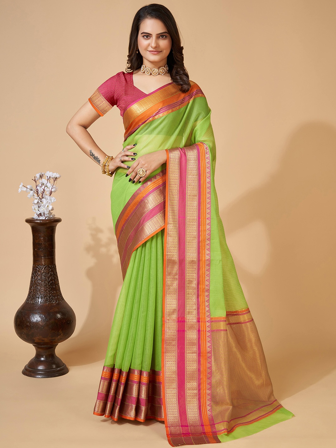 

Upalksh Checked Zari Banarasi Saree, Lime green