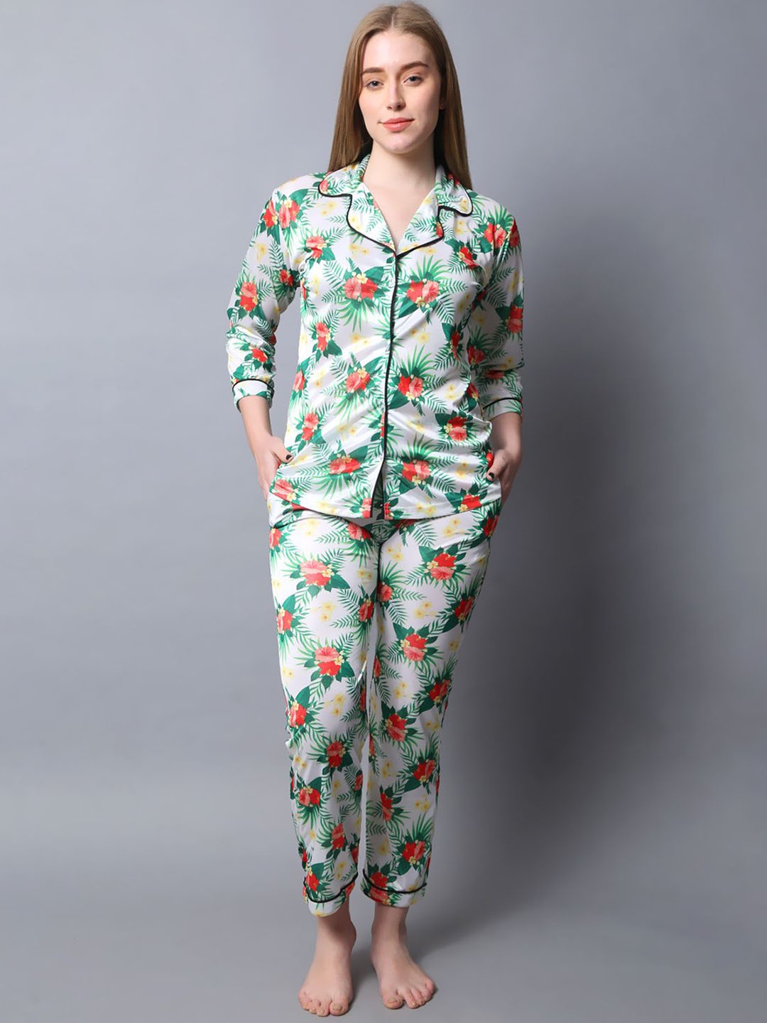 

Softwrap Shirt Collar Floral Printed Night suit, Green