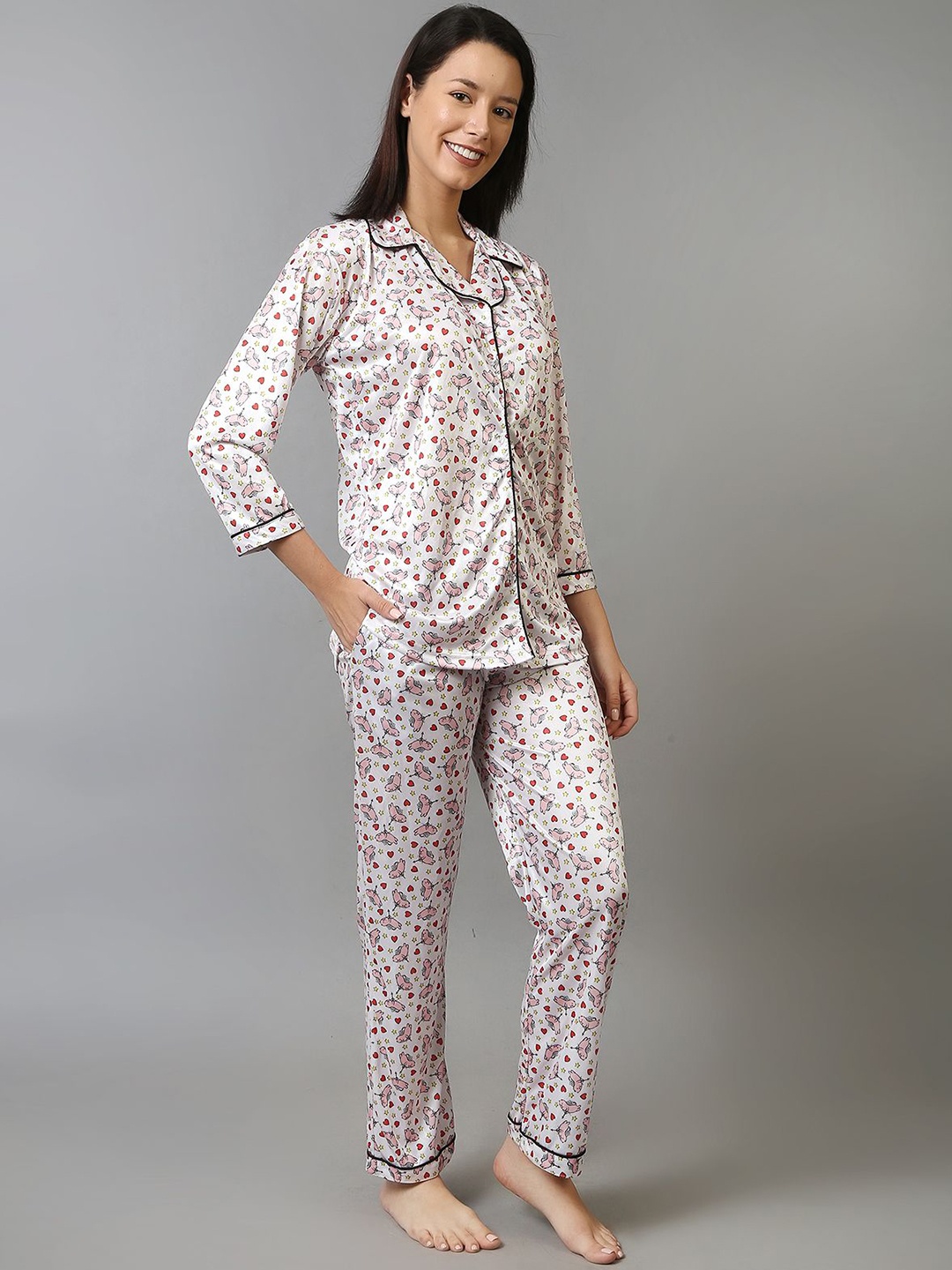 

Softwrap Graphic Printed Lapel Collar Shirt With Pyjamas, White