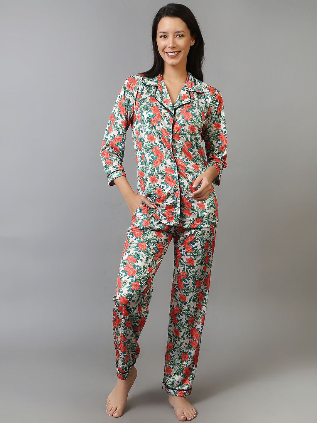 

Softwrap Floral Printed Lapel Collar Shirt With Pyjamas, Orange