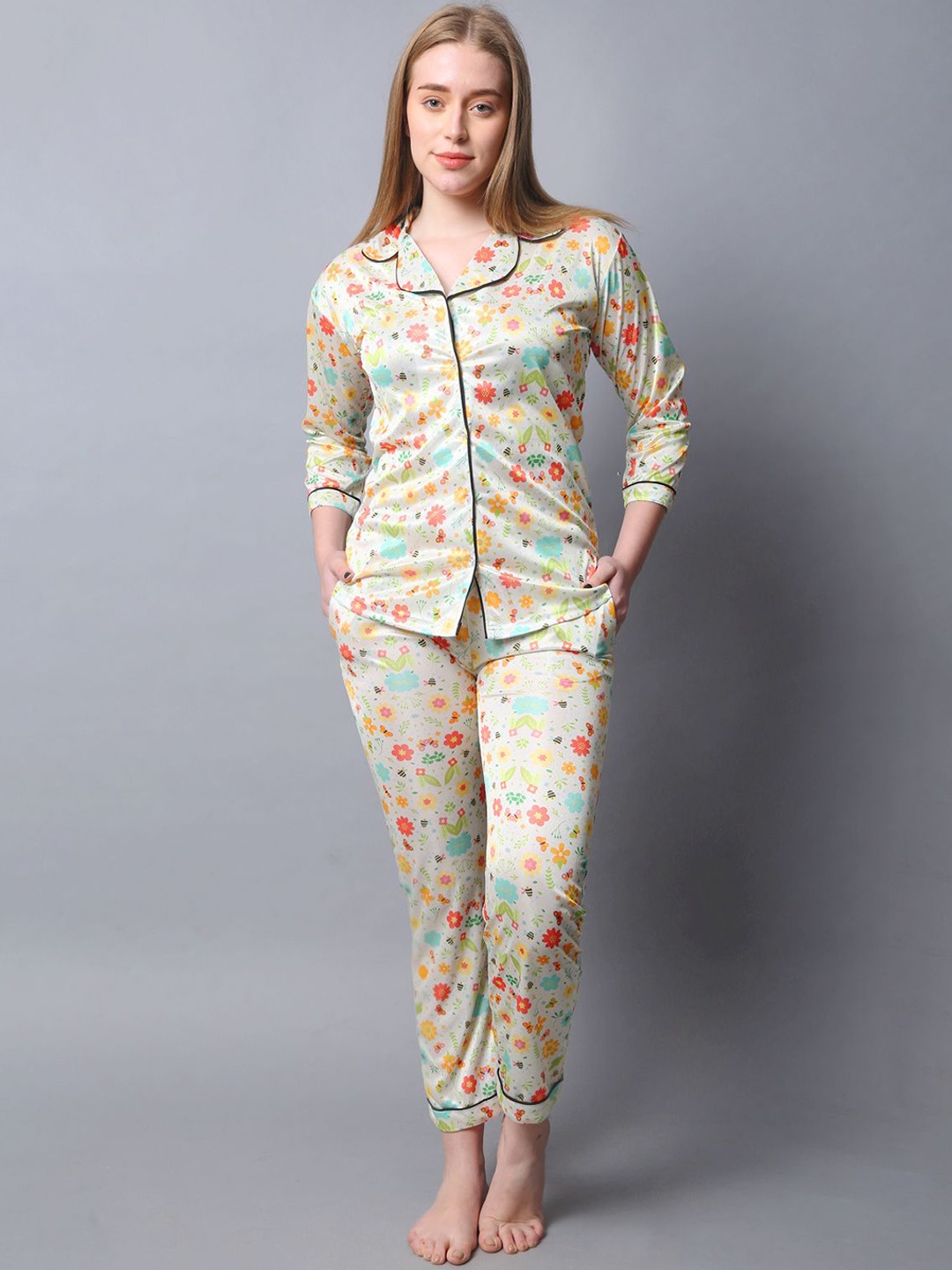 

Softwrap Floral Printed Lapel Collar Satin Night Suit, Cream