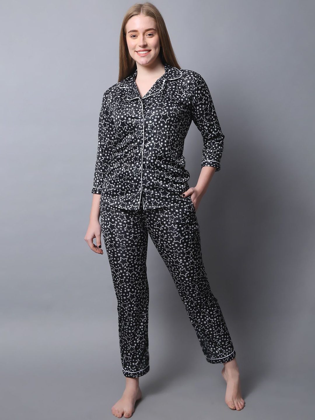 

Softwrap Geometric Printed Lapel Collar Satin Night Suit, Black