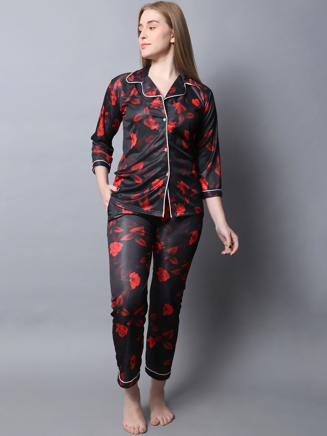 

Softwrap Printed Lapel Collar Pure Satin Shirt With Pyjamas, Black