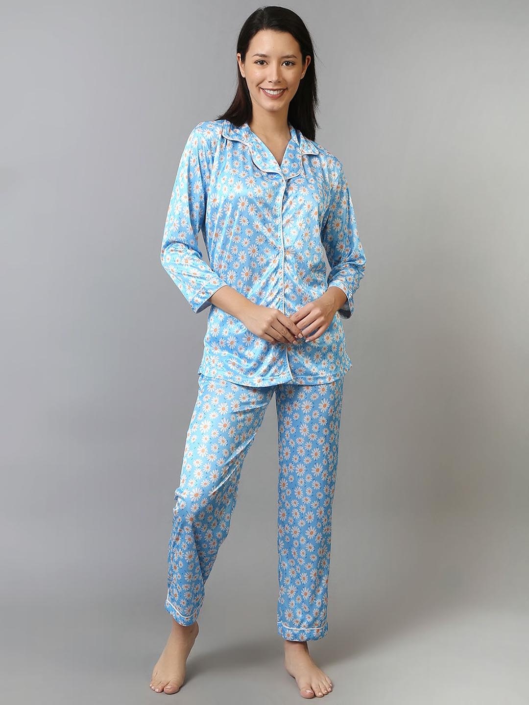 

Softwrap Floral Printed Lapel Collar Pure Satin Shirt With Pyjamas, Blue