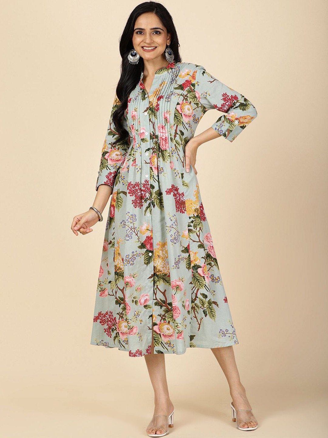 

Meena Bazaar Floral Print A-Line Midi Dress, Sea green