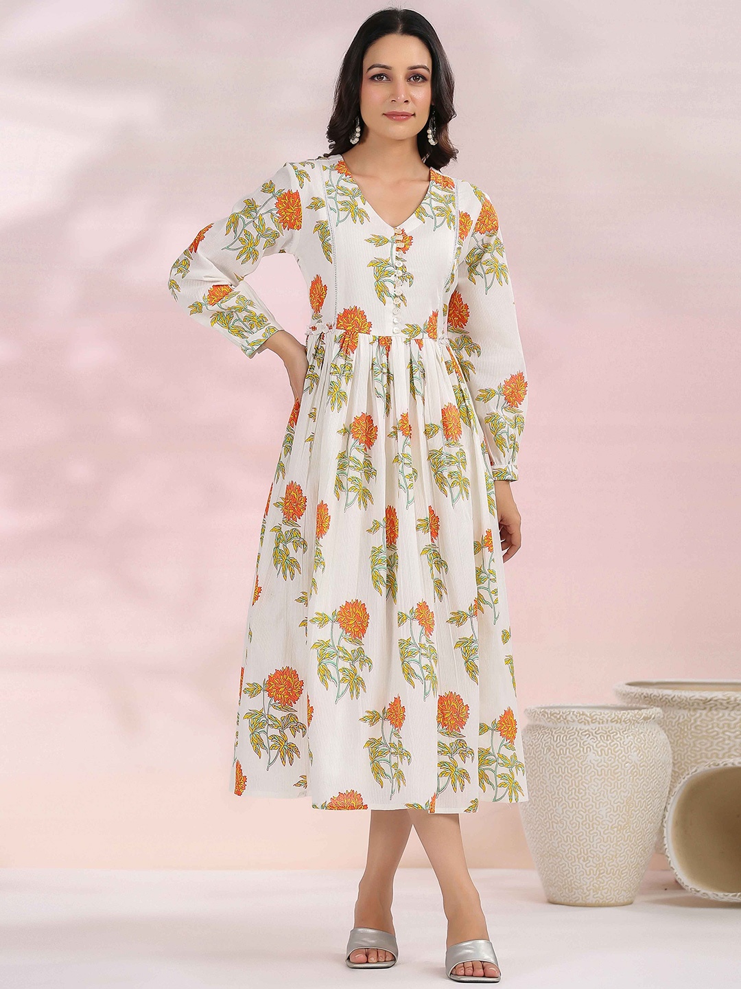

Meena Bazaar Floral Print A-Line Midi Dress, White