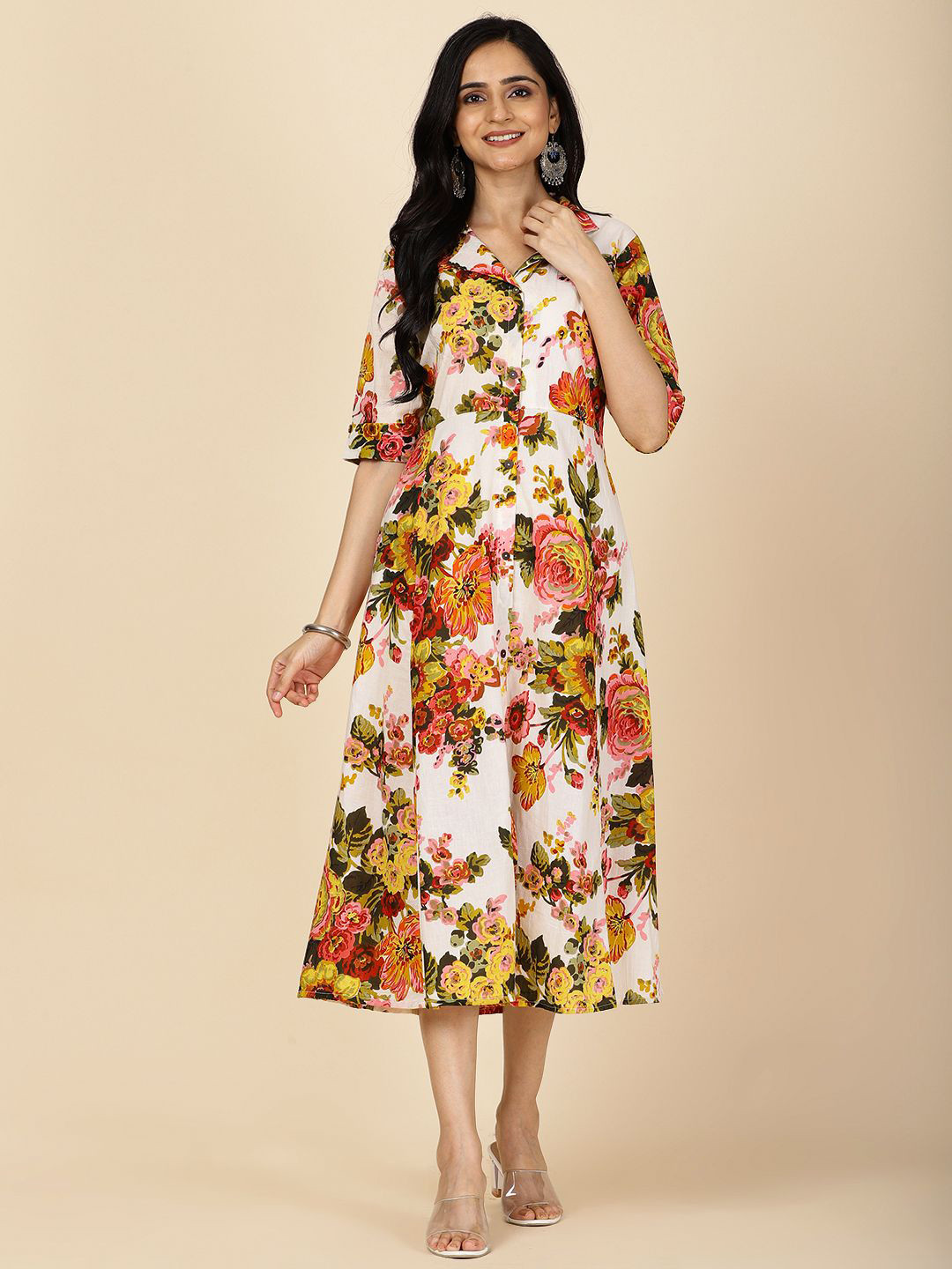

Meena Bazaar Women Floral Print Fit & Flare Midi Dress, Cream