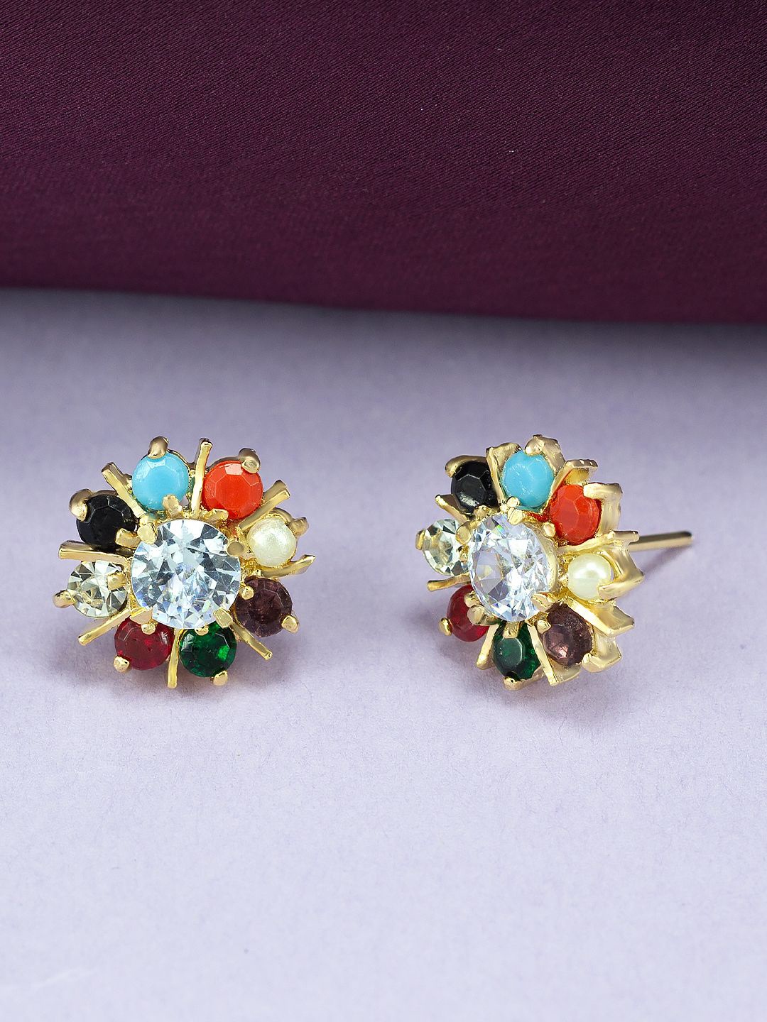 

PRIVIU Gold Plated American Diamond Stone Studded Floral Studs Earrings