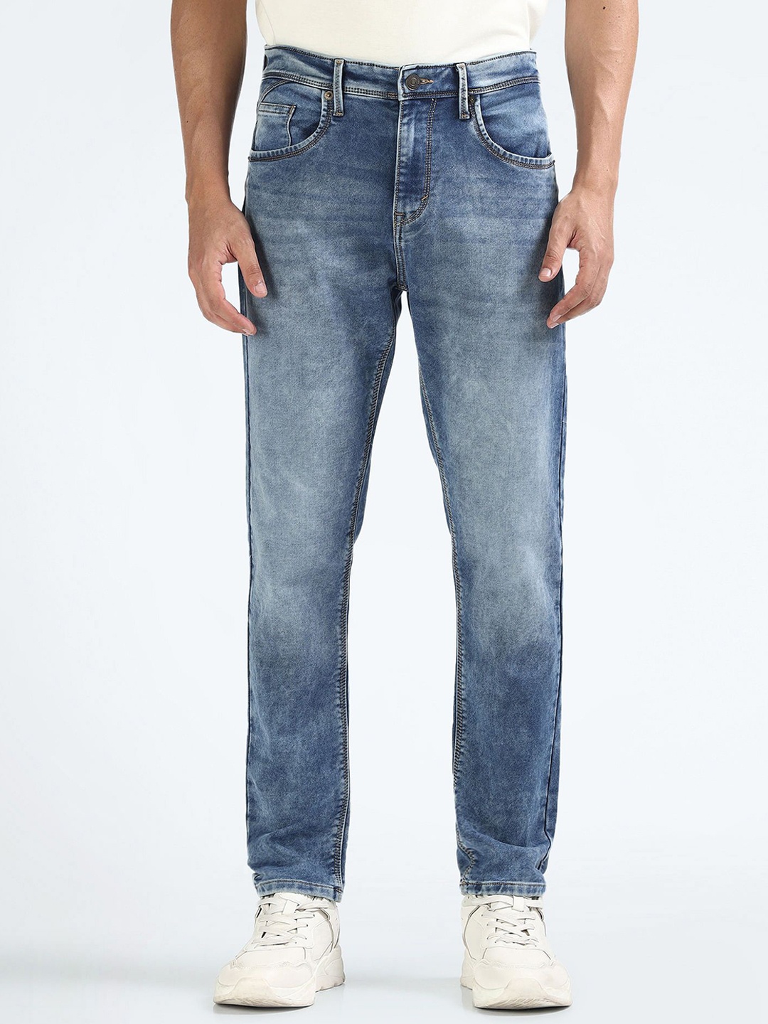 

Flying Machine Men Tapered Fit Mid-Rise Clean Look Heavy Fade Stretchable Jeans, Blue