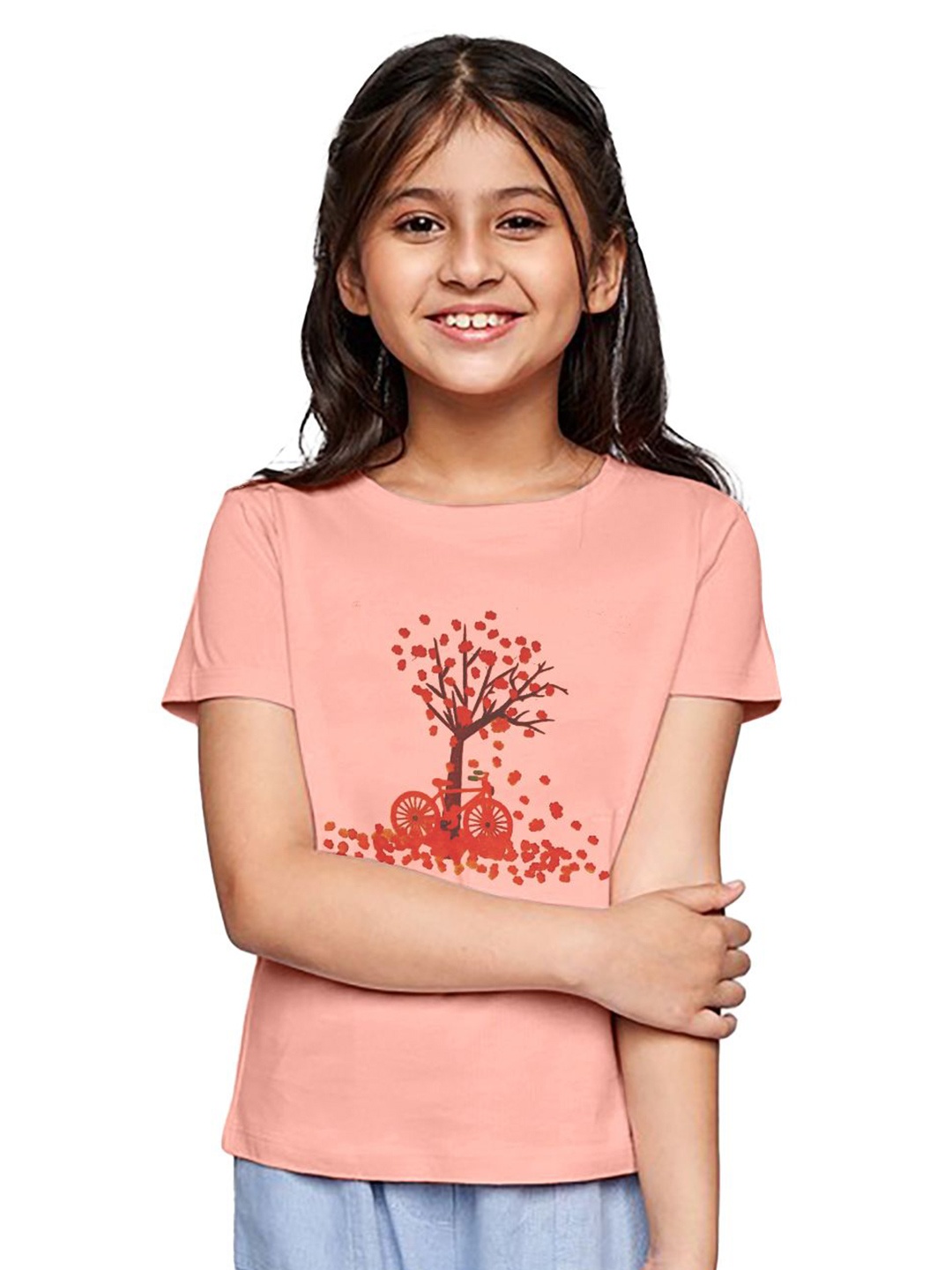 

BAESD Girls Printed Mandarin Collar Drop-Shoulder Sleeves Pockets T-shirt, Orange