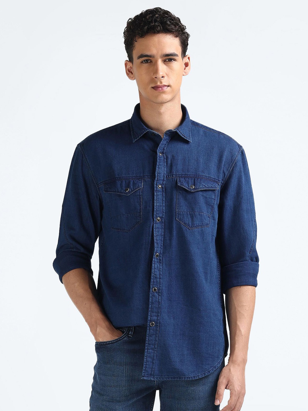 

Flying Machine Men Solid Pure Cotton Casual Shirt, Blue
