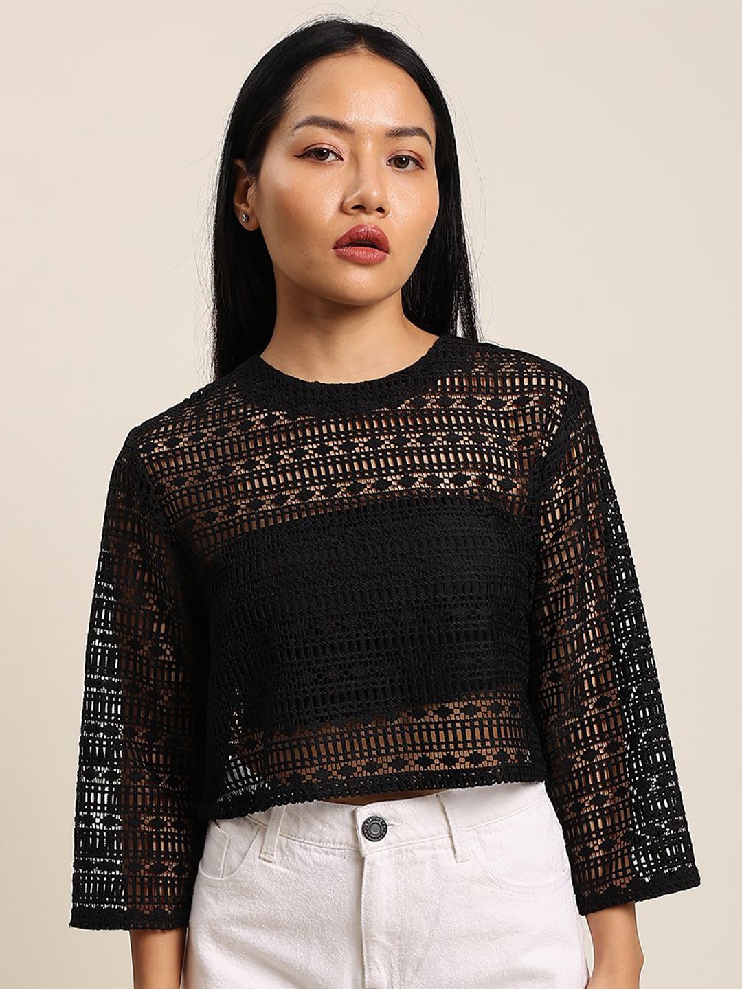 

The Roadster Lifestyle Co. Round Neck Black Lace Tops