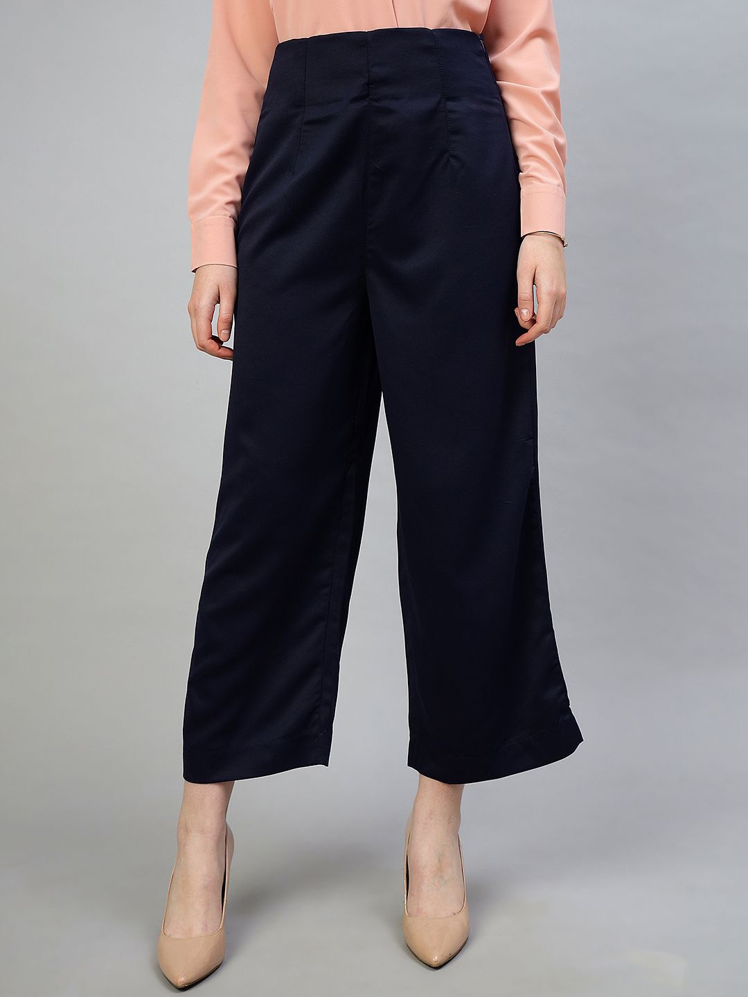 

BAESD Women High-Rise Easy Wash Pleated Trousers, Navy blue