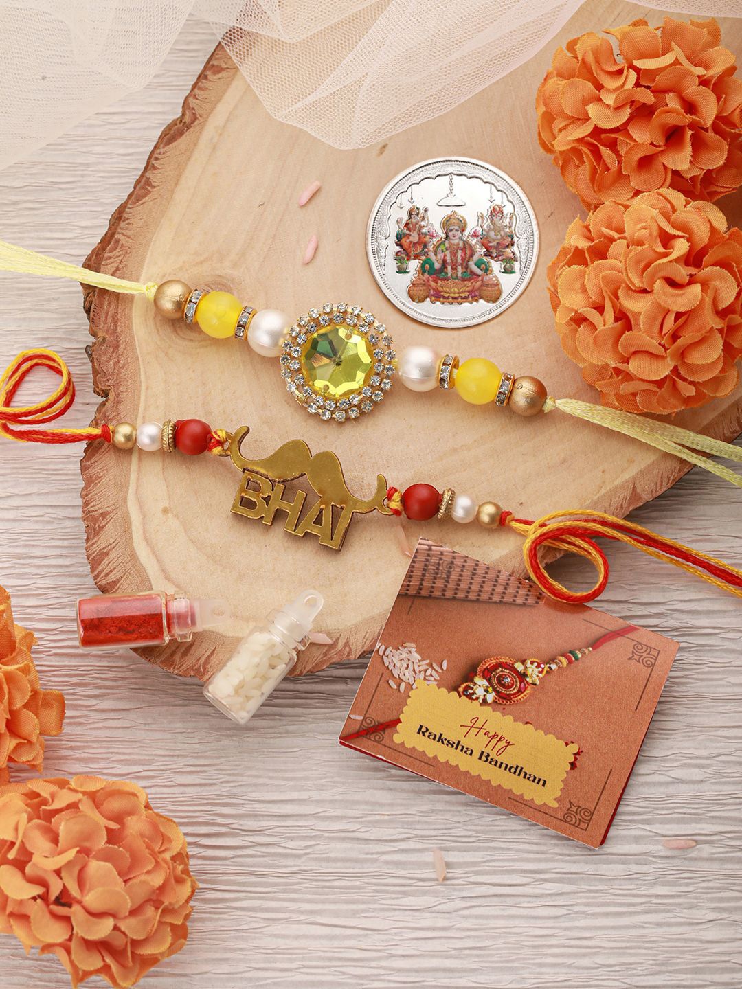 

Saraf RS Jewellery Set Of 2 Beaded Rakhis with Key Chain & 999 Silver Coin- 10 gram, Yellow