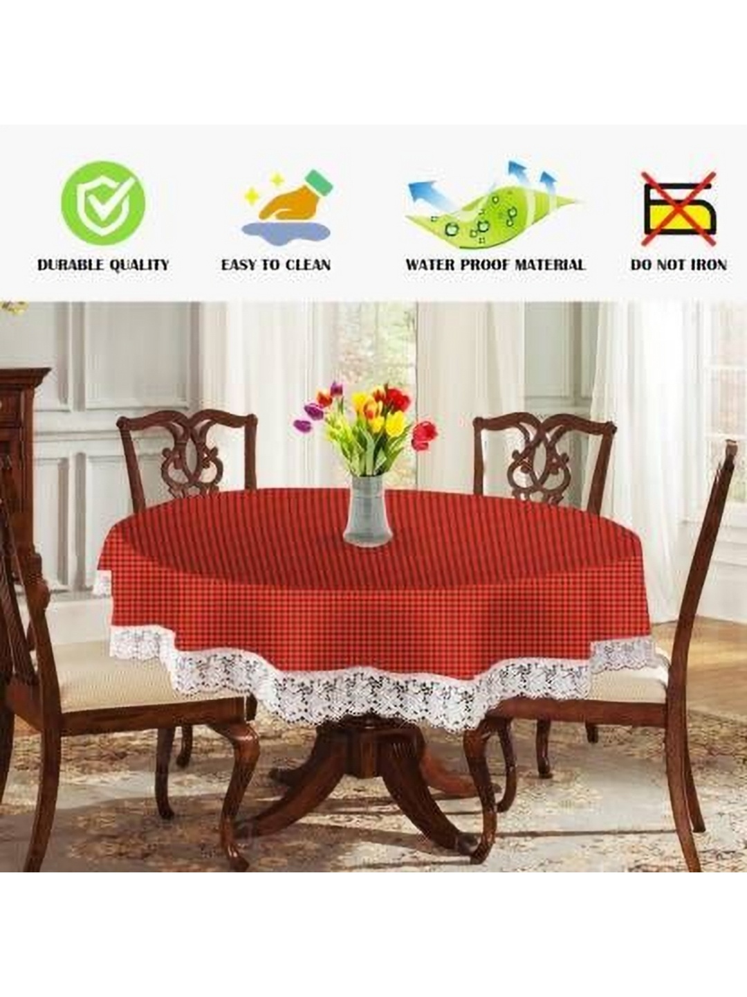 

Dakshya Industries Maroon & White Checked Embellished Waterproof Round Shaped Table Cover