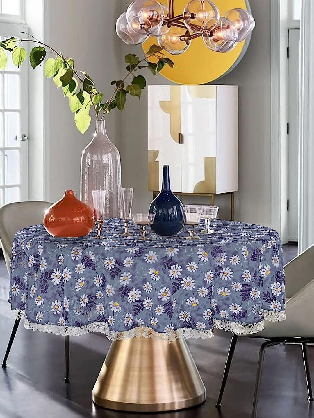 

Dakshya Industries Blue & White Floral Printed Embellished Waterproof Round Table Cover