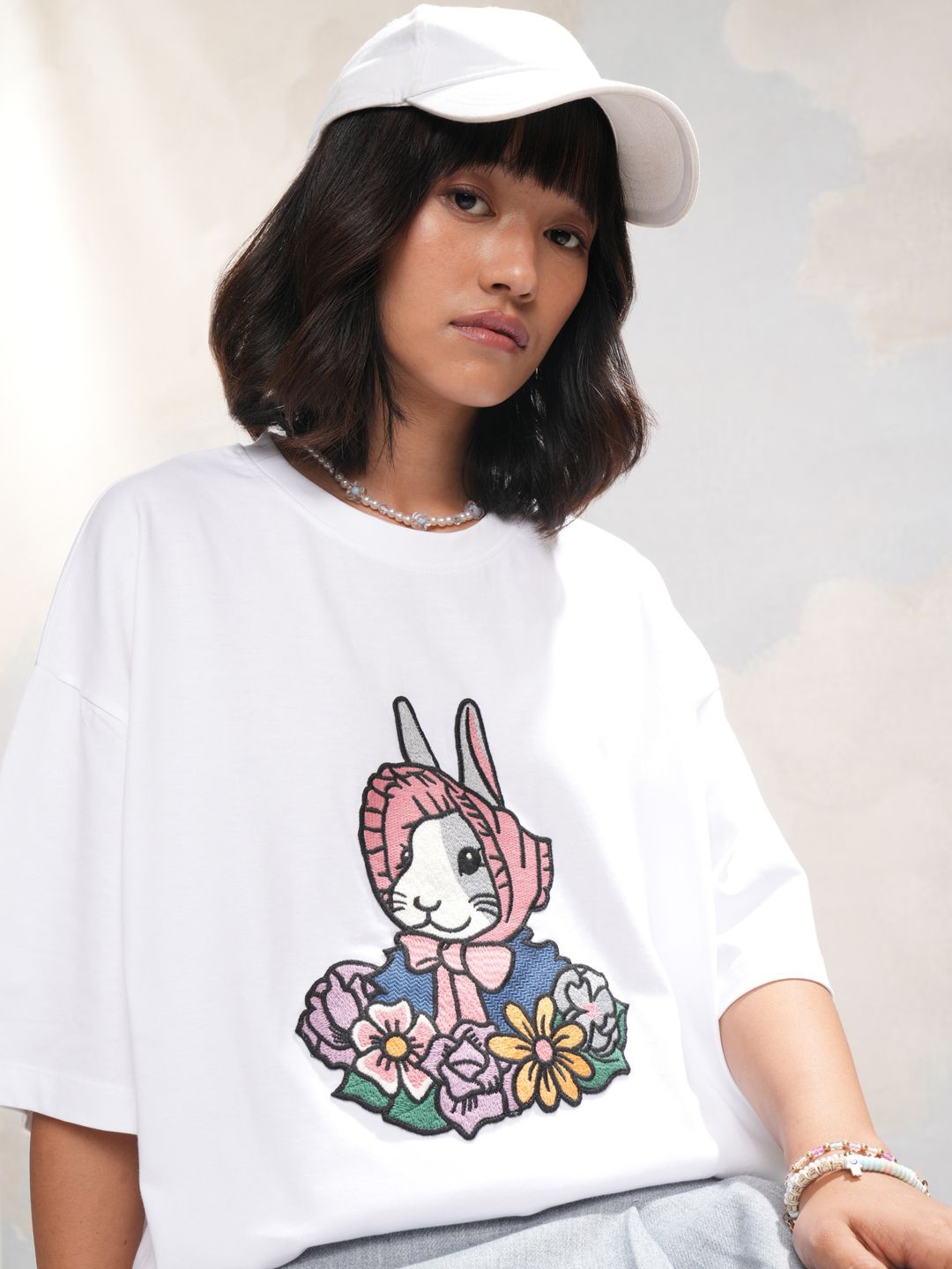 

Street By Tokyo Talkies Women Embroidered Round Neck Oversized T-shirt, White