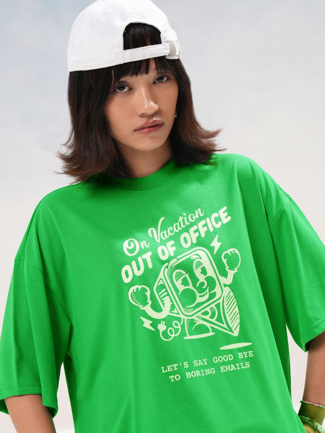 

Tokyo Talkies Women Typography Printed Round Neck Oversized T-shirt, Green