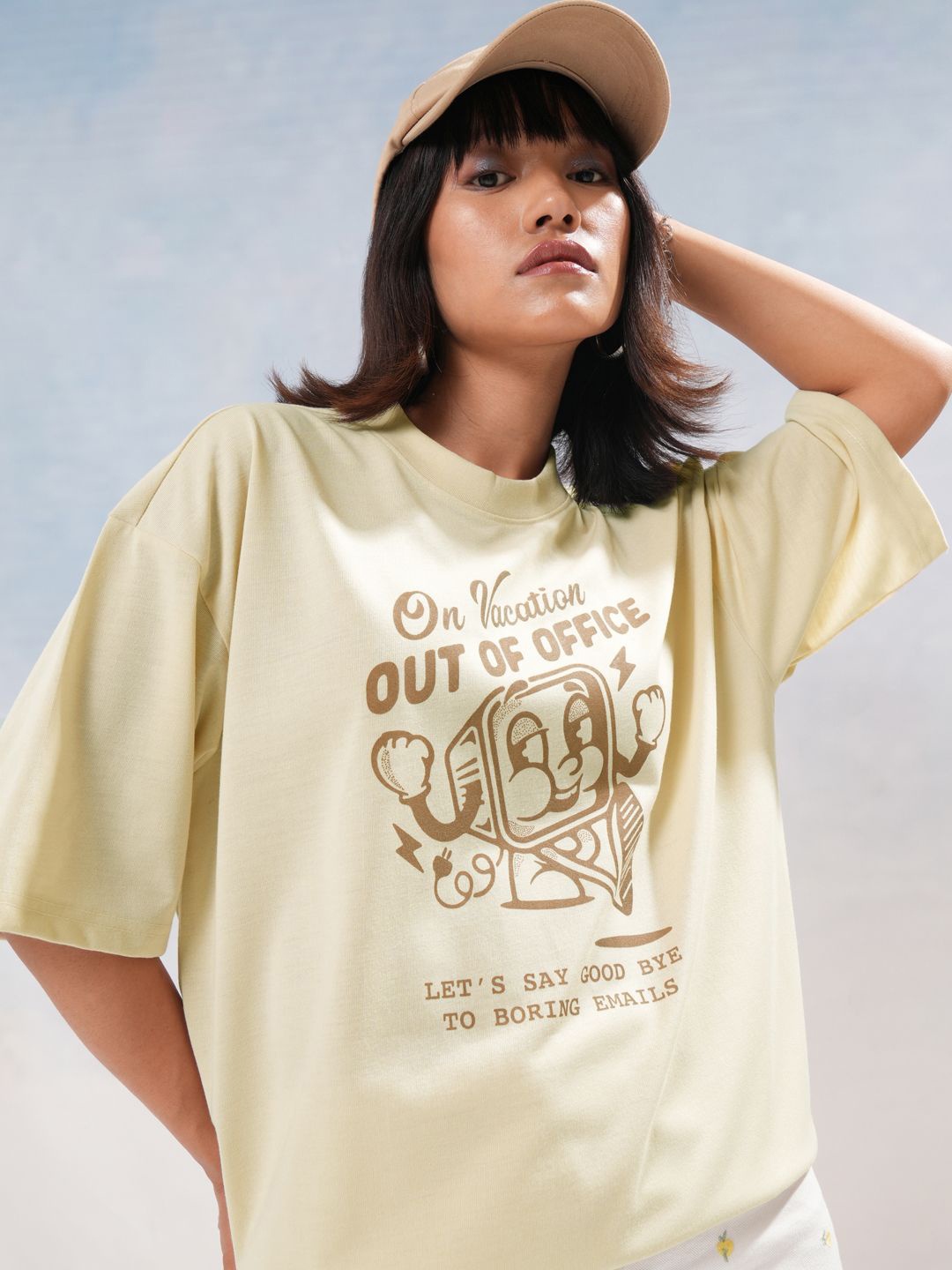 

Tokyo Talkies Women Typography Printed Round Neck Oversized T-shirt, Cream
