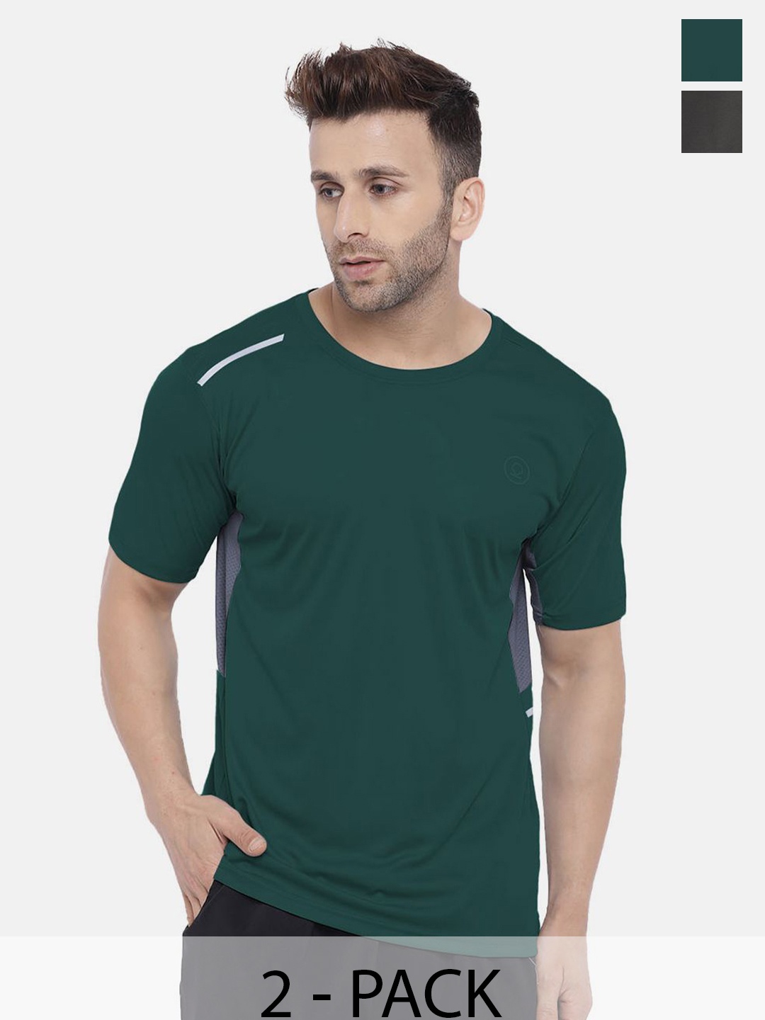 

CHKOKKO Men Pack Of 2 Dry Fit Round Neck Solid T-shirts, Green