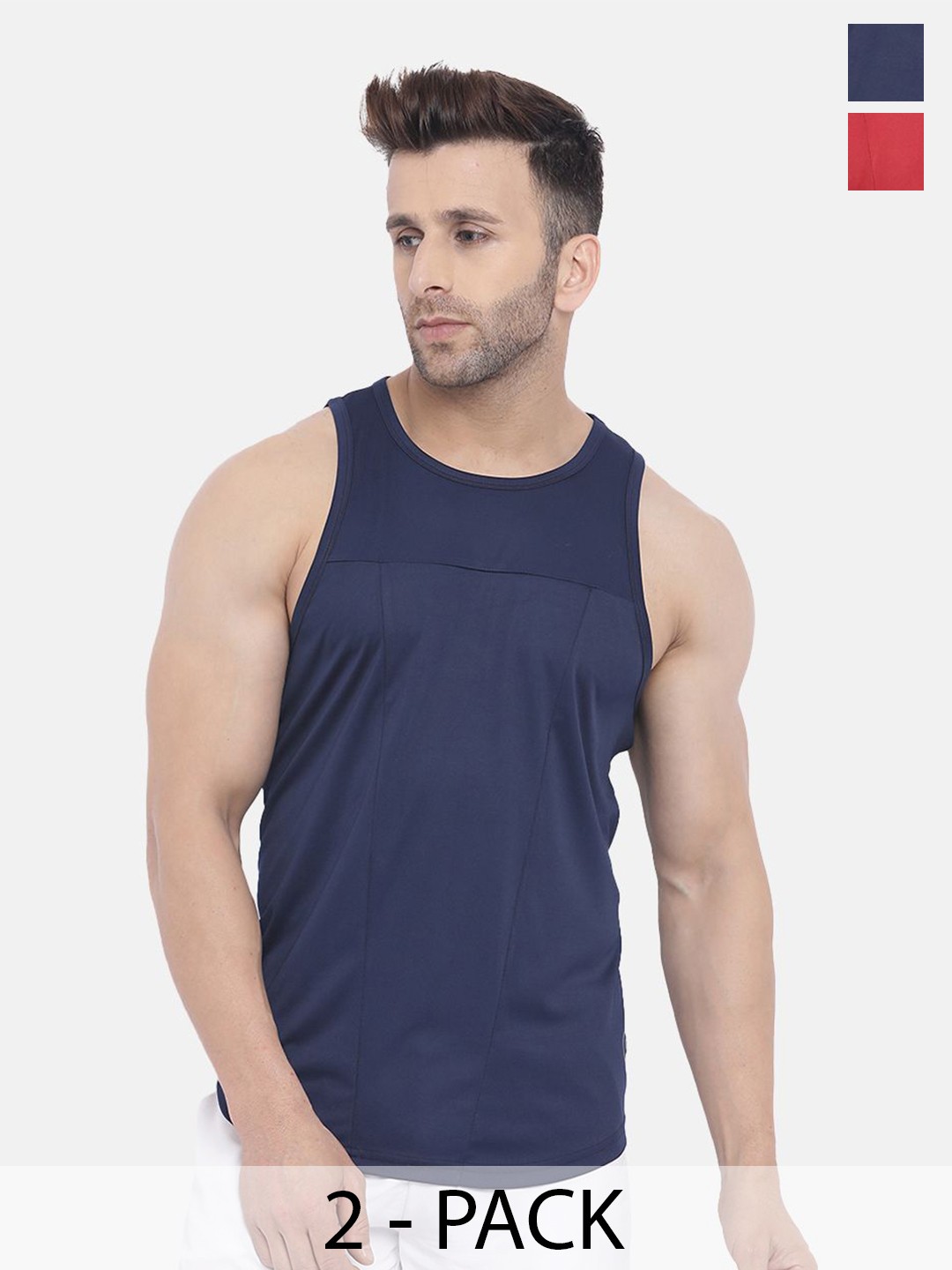 

CHKOKKO Men Pack Of 2 Round Neck Solid Sleeveless T-shirts, Navy blue