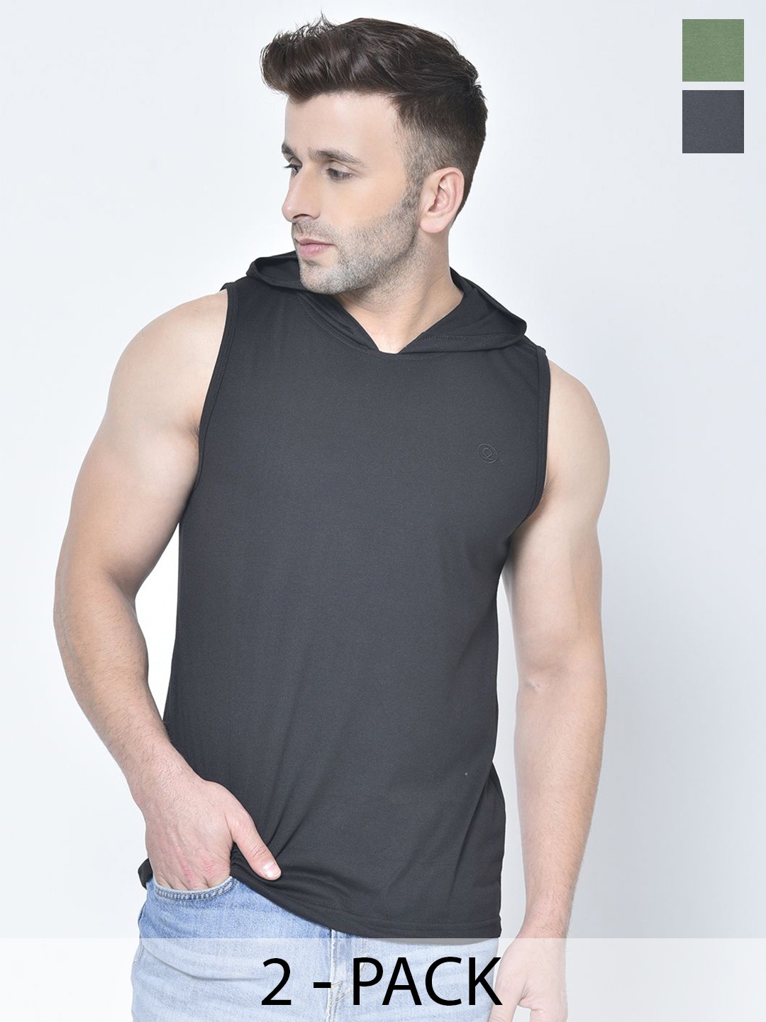 

CHKOKKO Men Pack Of 2 Hooded Solid Gym T-shirts, Black