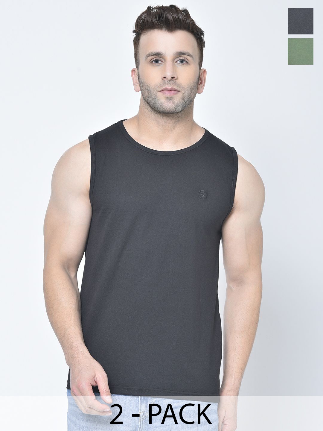 

CHKOKKO Men Pack Of 2 Round Neck Sleeveless Gym T-shirts, Black