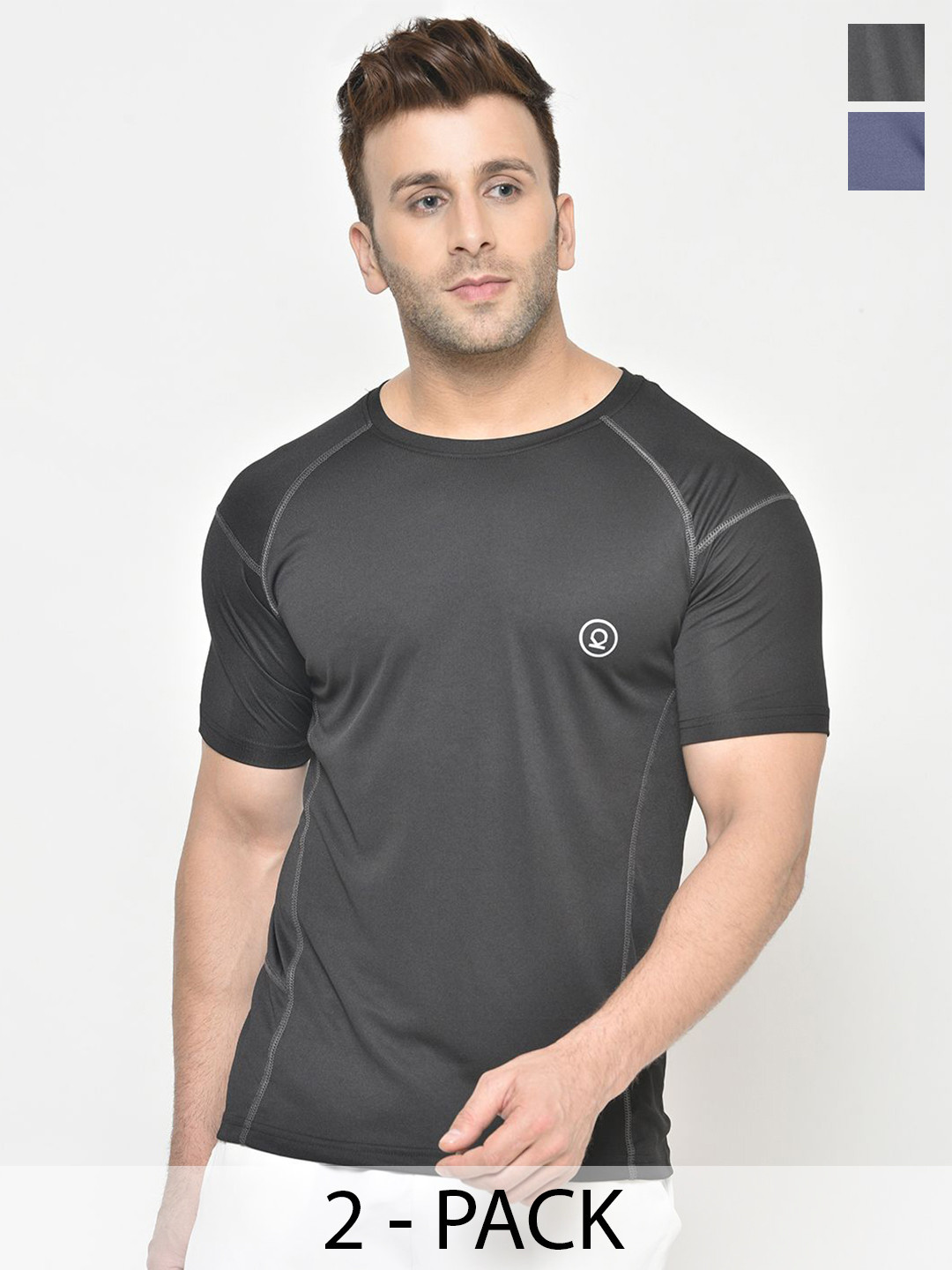

CHKOKKO Pack Of 2 Men Solid Round Neck T-shirt, Charcoal