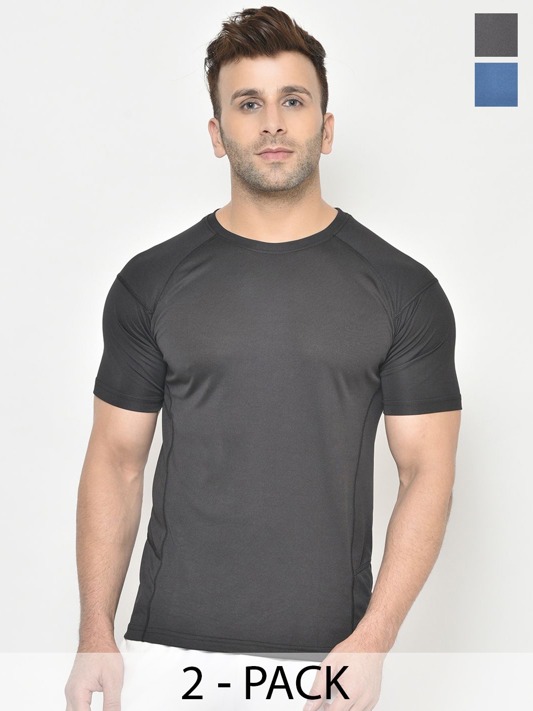 

CHKOKKO Pack Of 2 Men Solid Round Neck T-shirt, Charcoal