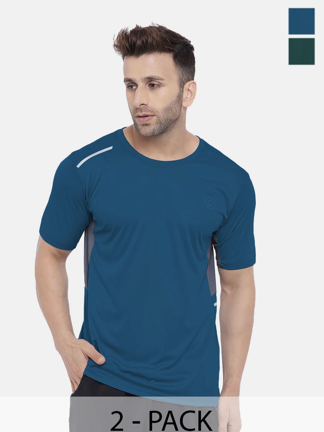 

CHKOKKO Pack Of 2 Men Solid Round Neck T-shirt, Green