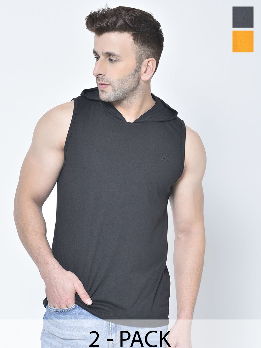 

CHKOKKO Pack Of 2 Men Solid Hooded Sleeveless T-shirt, Black