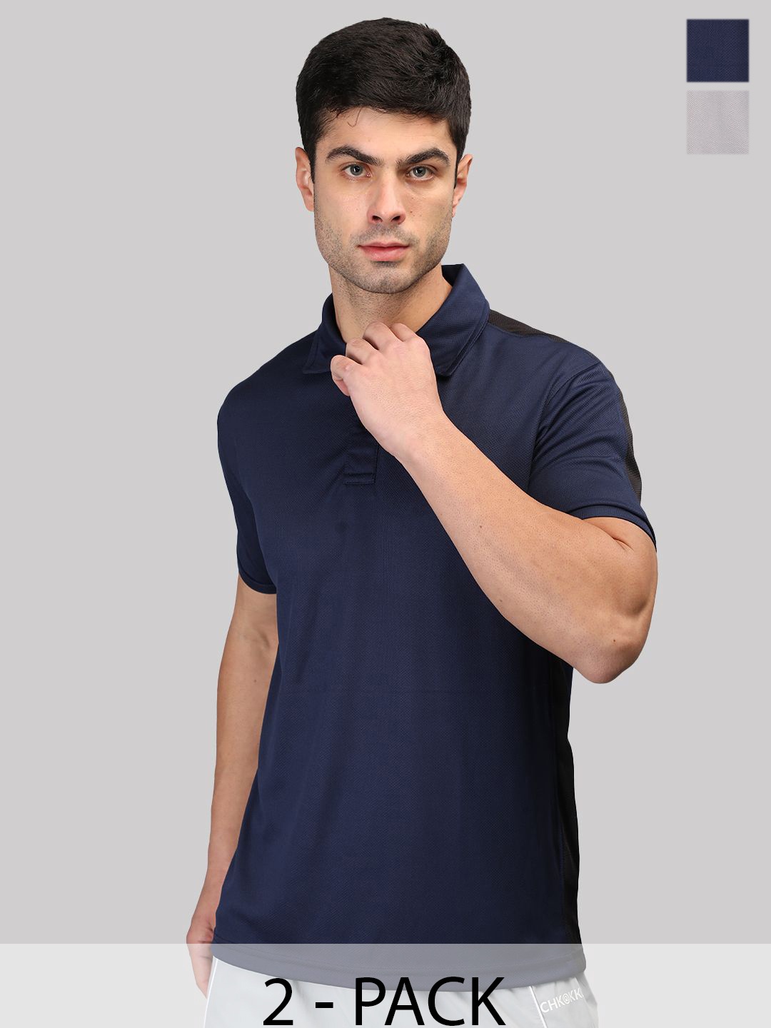 

CHKOKKO Pack Of 2 Men Solid Polo Collar T-shirt, Navy blue