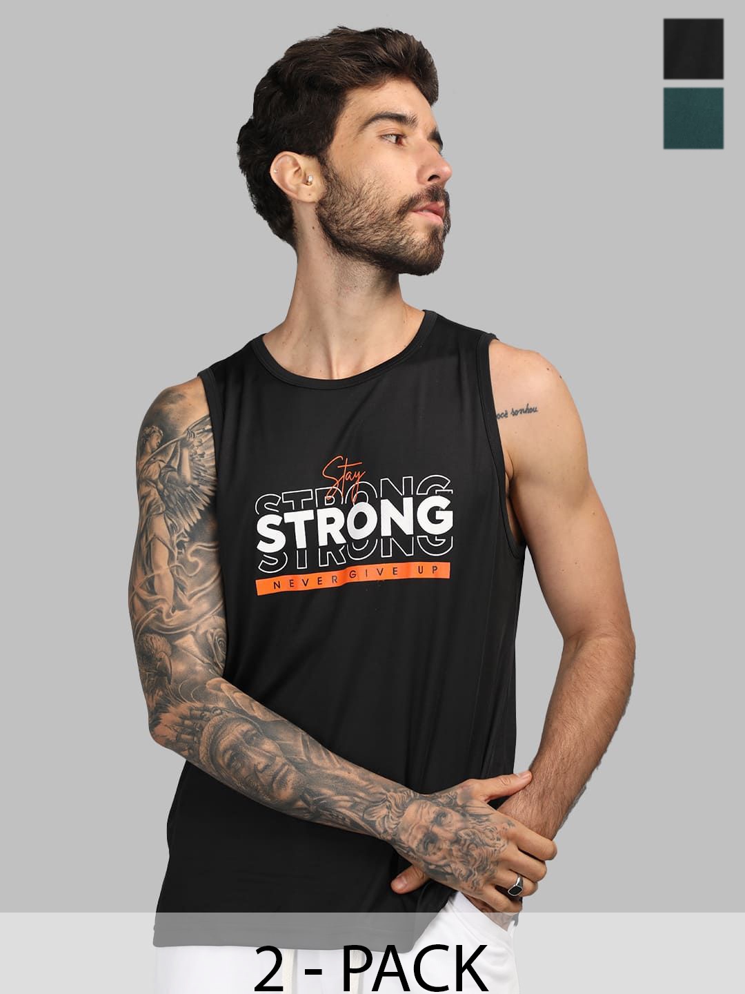 

CHKOKKO Pack Of 2 Men Typography Printed Round Neck Sleeveless T-shirt, Black